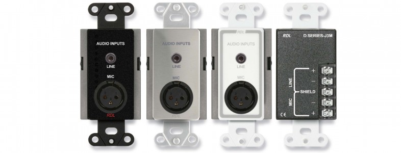  The D SERIES-J3M is a complete audio input panel assembly. The front panel features a female XLR jack and a single stereo mini-jack. The XLR is connected directly to the rear-panel barrier block. The mini-jack is intended for mono or stereo consumer level sources. LEFT and RIGHT are combined and balanced through audio transformers configured to reject induced hum. The line-level output is provided on the rear-panel terminal block for connection to 10 kΩ or higher input impedance line level module or equipment inputs. The back of the D SERIES-J3M is finished with a metal enclosure clearly labeled for easy installation.  The D SERIES-J3M fits directly into back boxes, available from RDL to fit cabinets or US or international walls (RDL WB-1U or WB-2U). They may be mounted directly into cabinets or most standard US single gang electrical boxes.